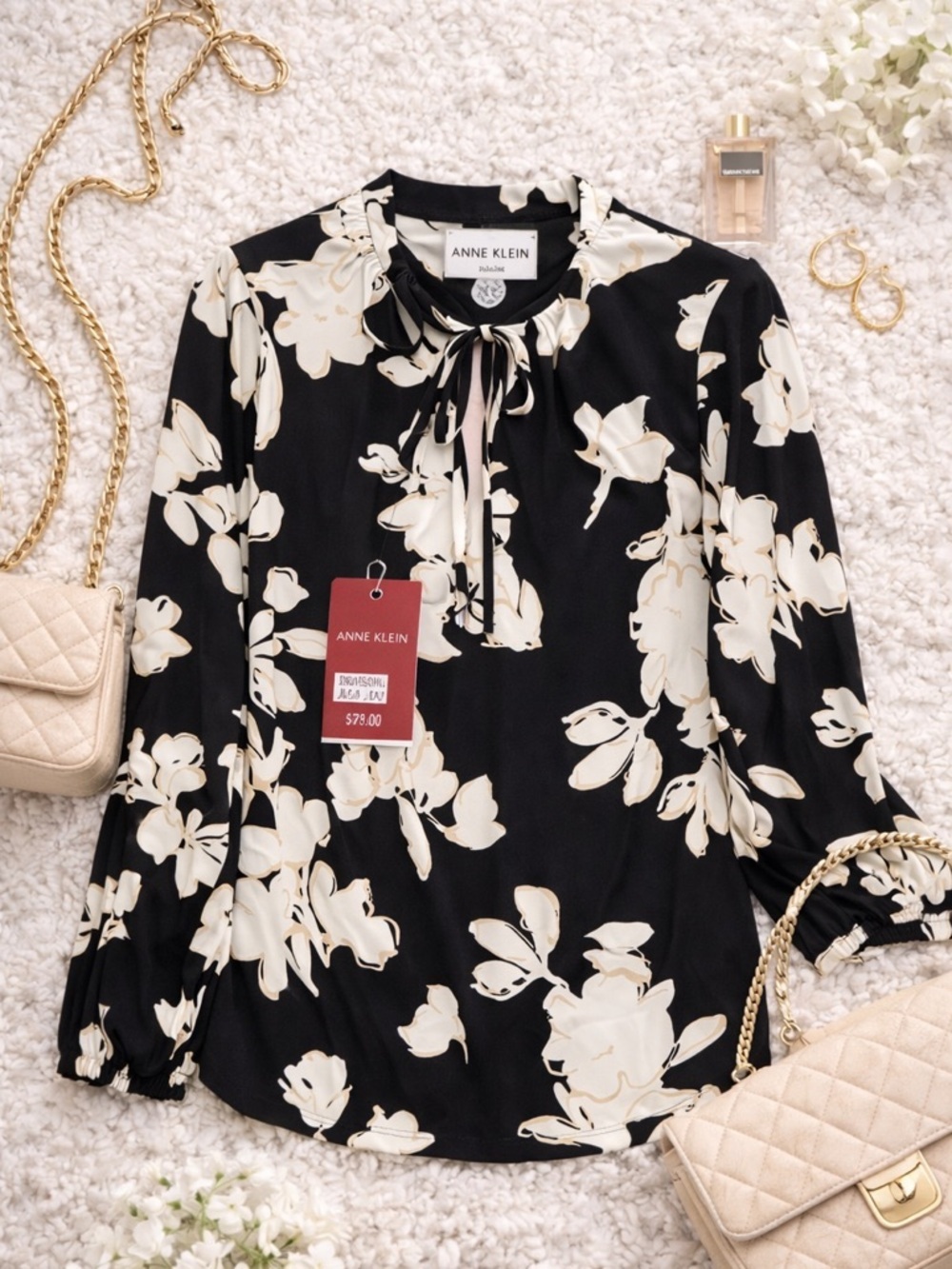 Anne Klein Floral Tie Neck Long Sleeve Blouse XS NWT Office Top